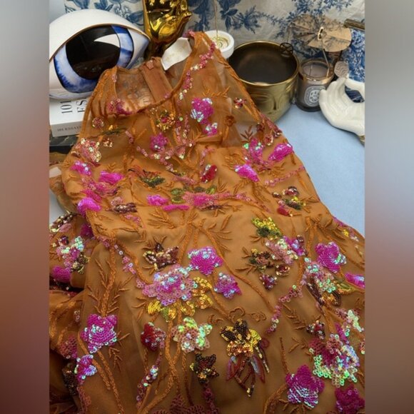 🆕 BRONX & BANCO🧿 NWOT Sicilia Coral Sequin Fluted Hem Maxi Dress, Sz M US 6 - Picture 12 of 14